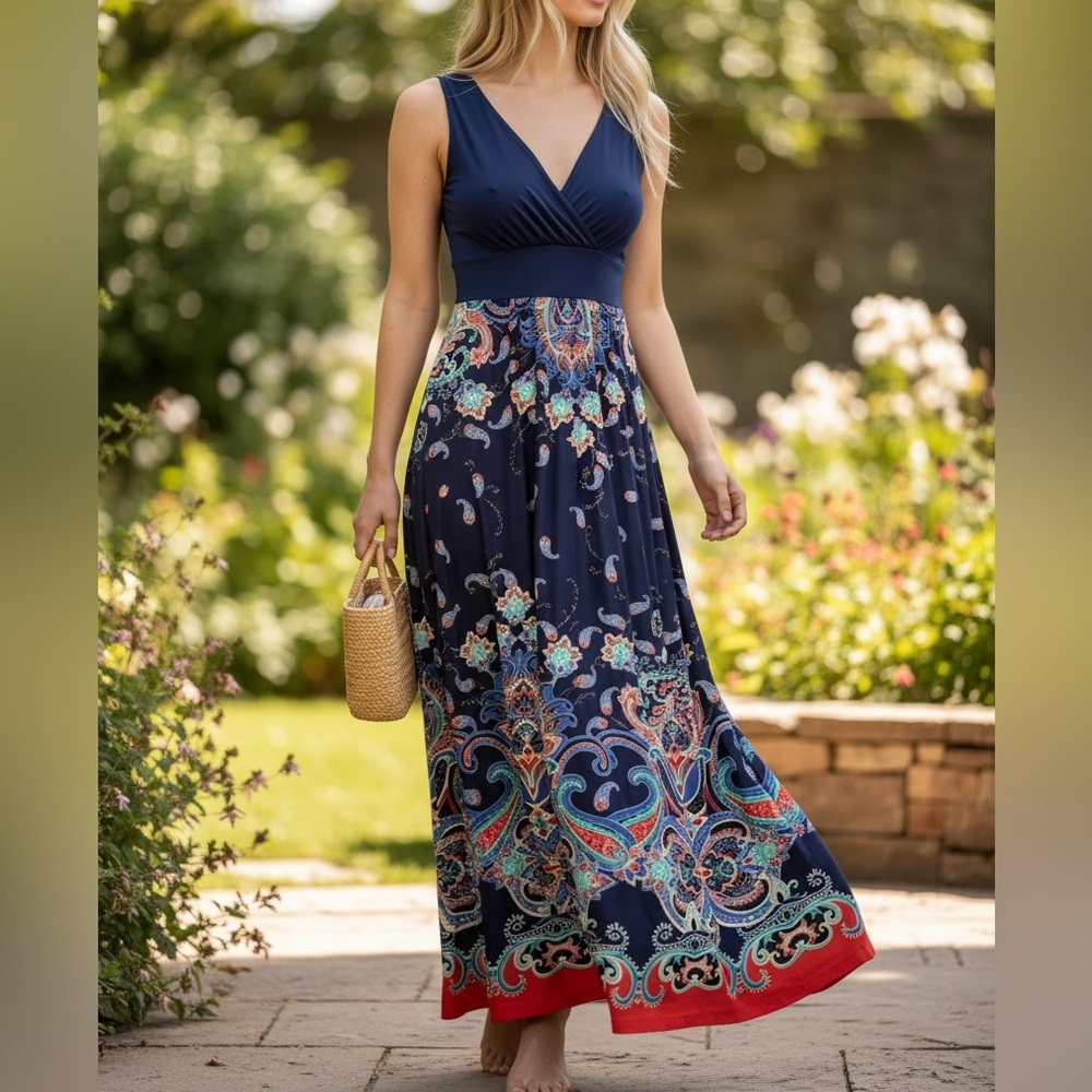 GILLI MAXI DRESS. SLEEVELESS SURPLICE NAVY BLUE + PAISLEY WRAP DRESS. SIZE LARGE